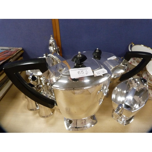 65 - EP four-piece tea set, toast rack, sugar sifter, condiments etc.