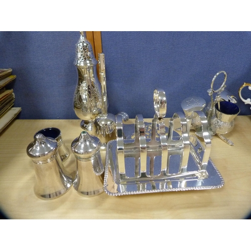 65 - EP four-piece tea set, toast rack, sugar sifter, condiments etc.