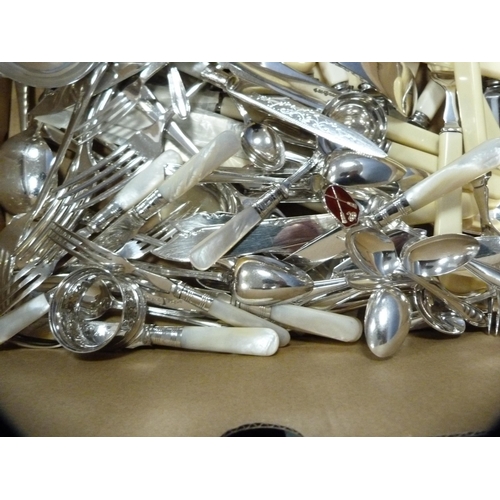 73 - Box of miscellaneous EP cutlery and flatware to include fruit knives, spoons, boxed butter knives, b... 