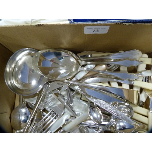 73 - Box of miscellaneous EP cutlery and flatware to include fruit knives, spoons, boxed butter knives, b... 