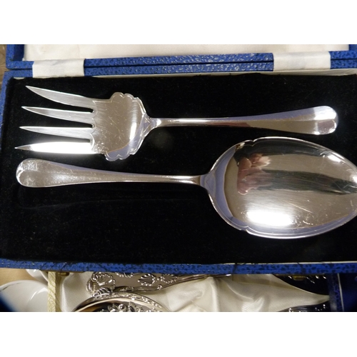 73 - Box of miscellaneous EP cutlery and flatware to include fruit knives, spoons, boxed butter knives, b... 