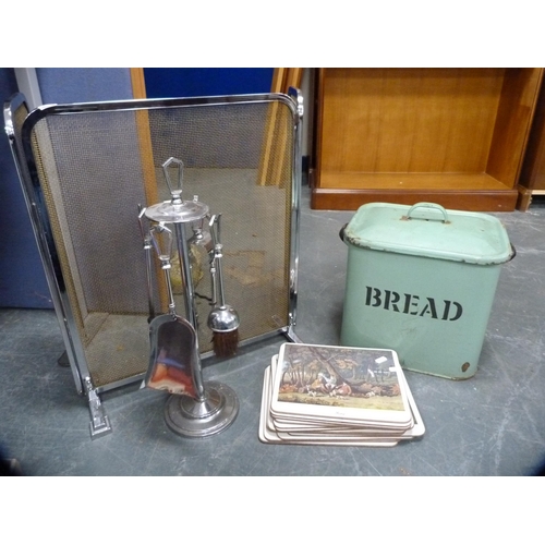 75 - Enamel bread bin, chrome companion stand, place mats and a folding fire screen.