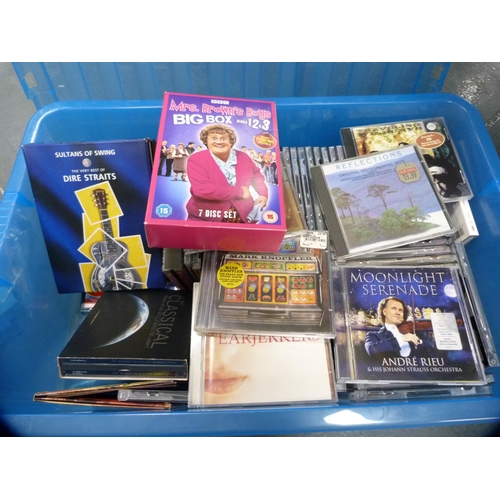 77 - Carton containing CDs, DVDs and records to include The Carpenters, Perry Como, Scottish fiddle music... 