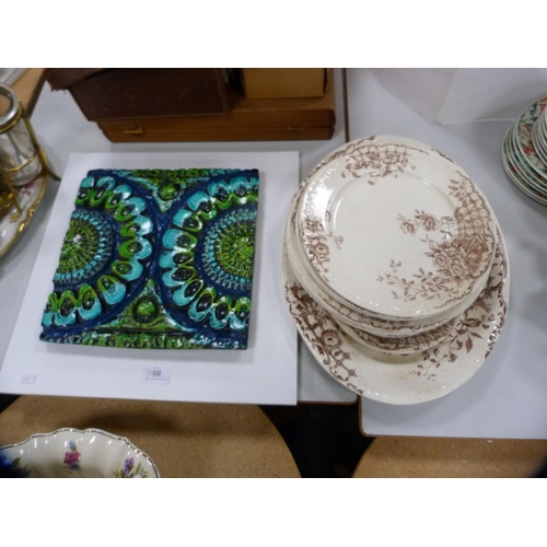 80 - Victorian part dinner set with brown underglazed floral decoration including ashet, also a Dutch con... 