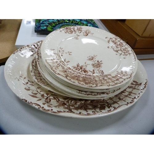 80 - Victorian part dinner set with brown underglazed floral decoration including ashet, also a Dutch con... 