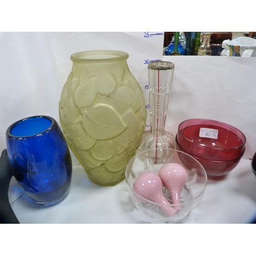 83 - French-style glass vase, c. 1930s, cranberry glass rinsing bowls, stoneware, animal ornaments etc.