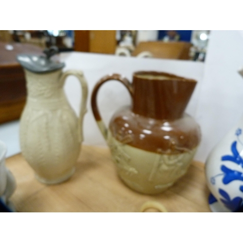 85 - Group of Victorian Glasgow-style jugs, Victorian relief decorated jugs, water jug with pewter lid et... 