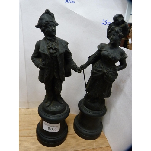 86 - Pair of antique painted spelter-type figures on socle bases, and another pair of smaller metal paint... 