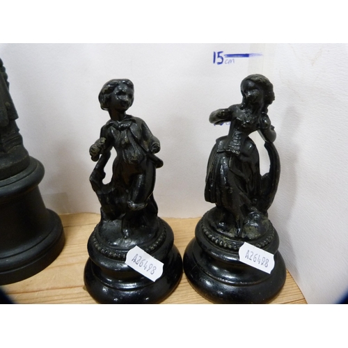 86 - Pair of antique painted spelter-type figures on socle bases, and another pair of smaller metal paint... 