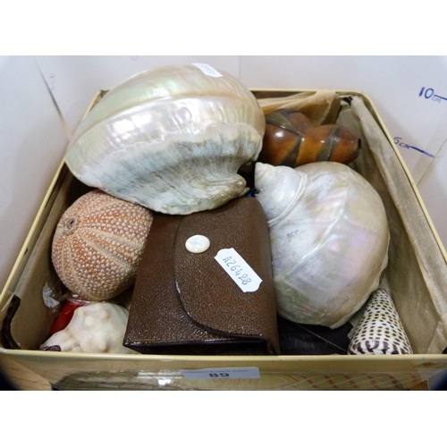 89 - Tin containing collectables to include conch shells, ornaments, cased travel set etc.