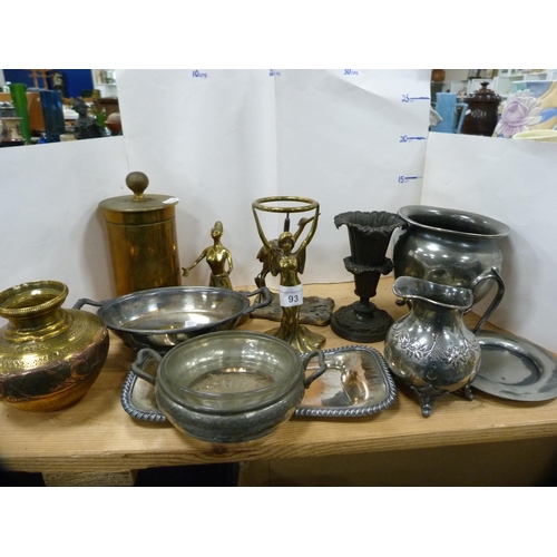 93 - Brass and plated wares to include decorative Art Nouveau brass stand modelled as a female with arms ... 