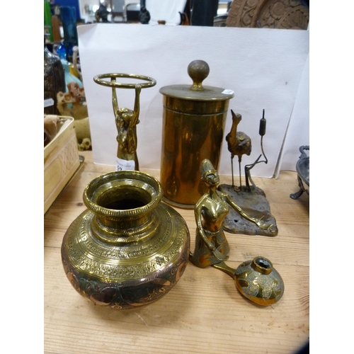 93 - Brass and plated wares to include decorative Art Nouveau brass stand modelled as a female with arms ... 