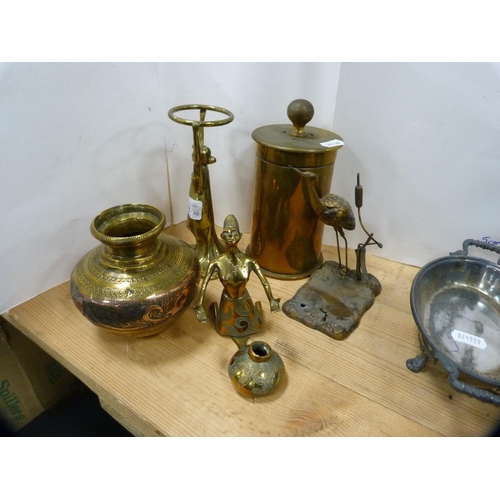 93 - Brass and plated wares to include decorative Art Nouveau brass stand modelled as a female with arms ... 