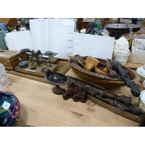 97 - Set of vintage postage scales and weights, African figures, Mauchline ware, African ceremonial spoon... 