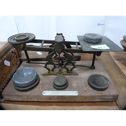 97 - Set of vintage postage scales and weights, African figures, Mauchline ware, African ceremonial spoon... 