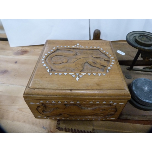 97 - Set of vintage postage scales and weights, African figures, Mauchline ware, African ceremonial spoon... 