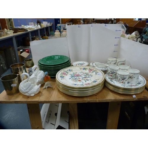 98 - Aynsley 'Pembroke' pattern part dinner and coffee set, leaf-decorated plates, plated tankard tankard... 