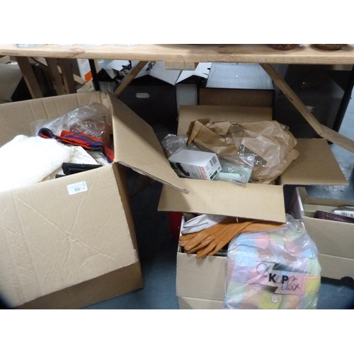 99 - Three cartons containing fabrics, textiles, gloves, handbag, vintage clothing etc.