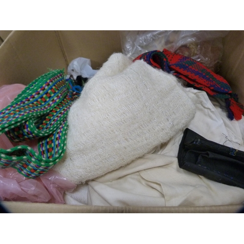 99 - Three cartons containing fabrics, textiles, gloves, handbag, vintage clothing etc.