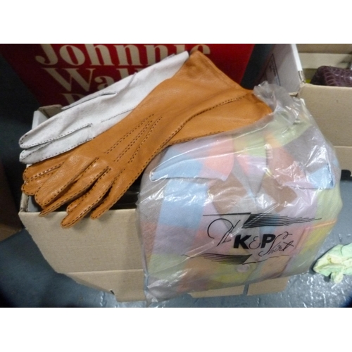 99 - Three cartons containing fabrics, textiles, gloves, handbag, vintage clothing etc.