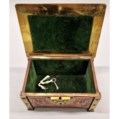 294 - McVitie and Paige arts and crafts brass and copper biscuit box with a lock and key, green velvet int... 