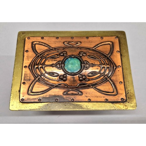 294 - McVitie and Paige arts and crafts brass and copper biscuit box with a lock and key, green velvet int... 