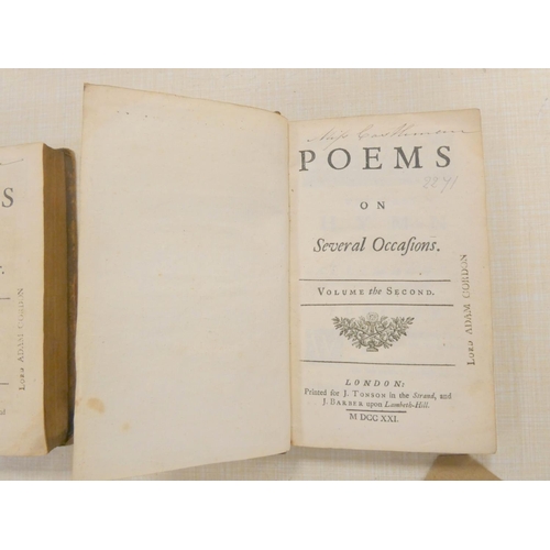 287 - (PRIOR MATTHEW).  Poems on Several Occasions. 2 vols. Eng. port. frontis. Old calf. Stamp ... 