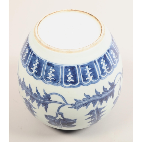 262 - 19th century Chinese blue and white ginger jar, with carved hardwood cover, the jar decorated with a... 