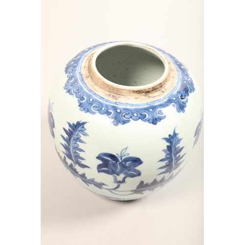 262 - 19th century Chinese blue and white ginger jar, with carved hardwood cover, the jar decorated with a... 