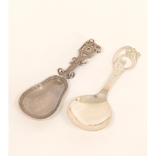 65 - Silver caddy spoon of love spoon style, W H Haseler, Birmingham 1911 and another Danish 1941.