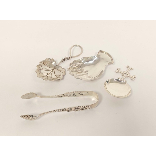 66 - Silver caddy spoon modelled on a hand, two others and sugar tongs. 1900 (4) 52g 