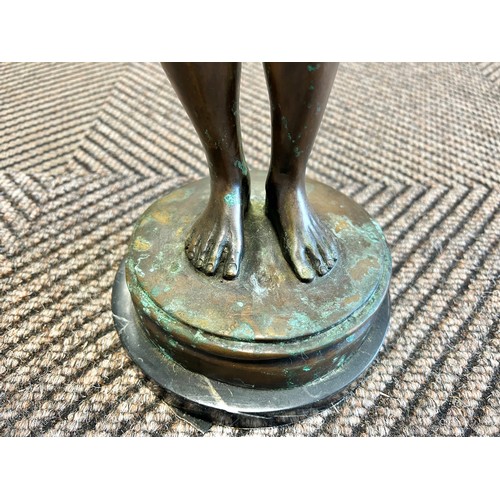 292 - 1920's Bronze figure of an archer, unsigned, mounted to a black marble base, height 61cm