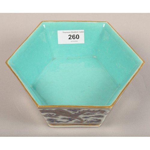 260 - 20th century Chinese hexagonal bowl, turquoise blue interior, exterior decorated with blue dragons o... 