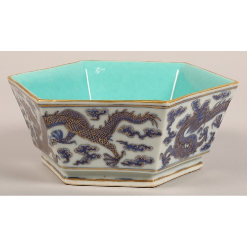 260 - 20th century Chinese hexagonal bowl, turquoise blue interior, exterior decorated with blue dragons o... 