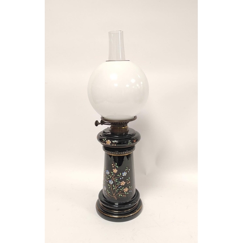 158 - Duplex oil lamp with black opaque glass column decorated with handpainted flowers, stamped Duplex to... 