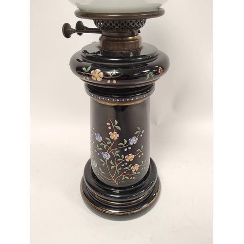 158 - Duplex oil lamp with black opaque glass column decorated with handpainted flowers, stamped Duplex to... 