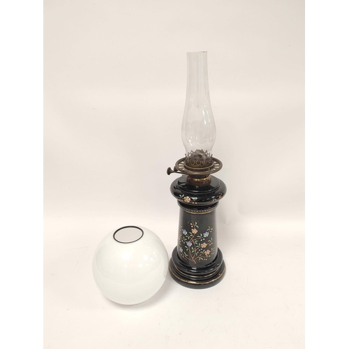 158 - Duplex oil lamp with black opaque glass column decorated with handpainted flowers, stamped Duplex to... 