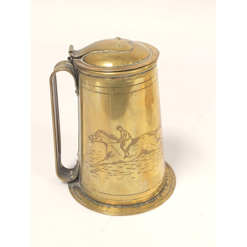 161 - Georgian brass quart pub tankard, Inscribed 