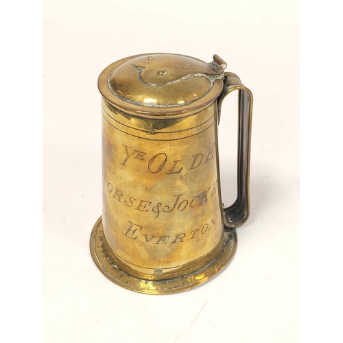 161 - Georgian brass quart pub tankard, Inscribed 