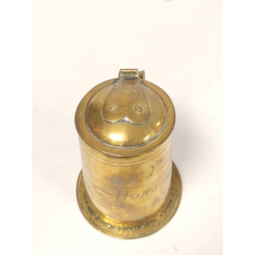 161 - Georgian brass quart pub tankard, Inscribed 