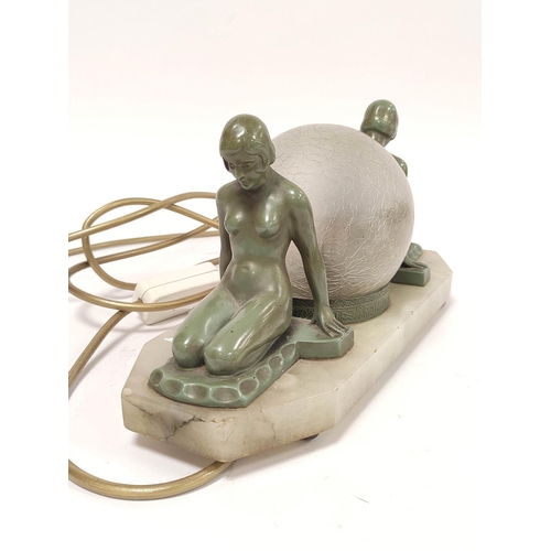 166 - Art Deco verdigris bronze table lamp modelled as opposing seated nude females with glass shade to th... 