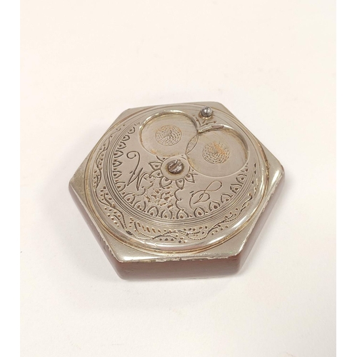 168 - Antique white metal and resin pocket snuff box, the engraved hexagonal revolving top in the form of ... 