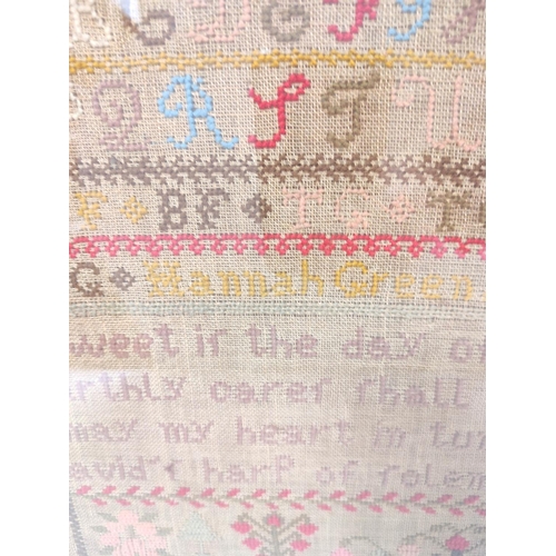 173 - Victorian needlepoint alphabet sampler worked by Hannah Green aged 10, Dated 1862, 45.5cm x 41.5cm, ... 