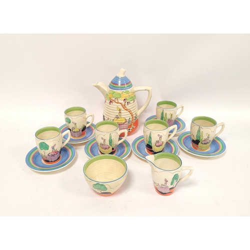 308 - Clarice Cliff Bizarre fifteen piece handpainted coffee set, comprising of coffee pot with cover, cre... 