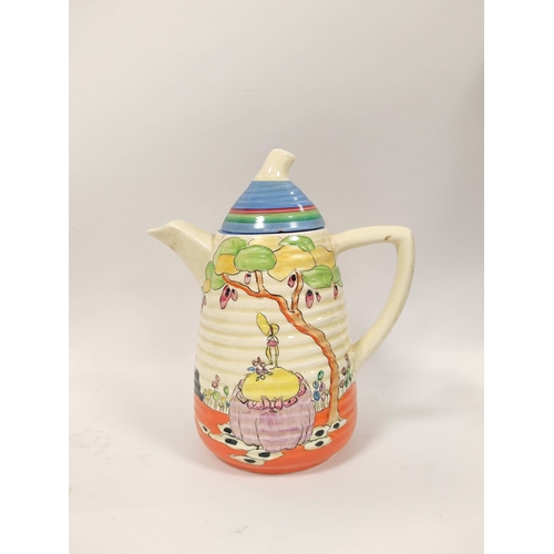 308 - Clarice Cliff Bizarre fifteen piece handpainted coffee set, comprising of coffee pot with cover, cre... 