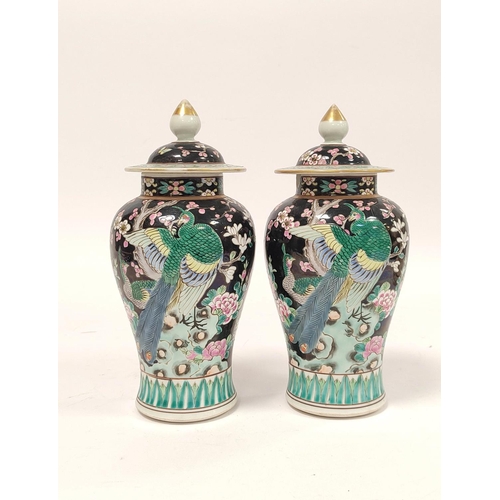 355 - Pair of Chinese famille rose baluster vases with covers, decorated with polychrome birds of paradise... 