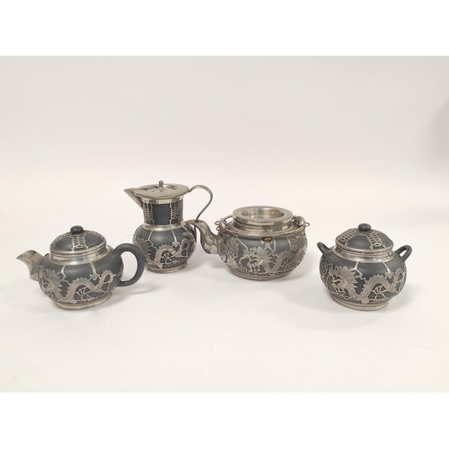 357 - Chinese black pottery and pewter four piece tea service, comprising of tea pot, water pot, small wat... 