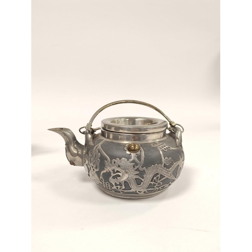 357 - Chinese black pottery and pewter four piece tea service, comprising of tea pot, water pot, small wat... 