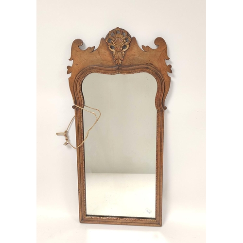 406 - George III style mahogany fret frame wall mirror with scroll decoration, 71cm high, 31cm wide.