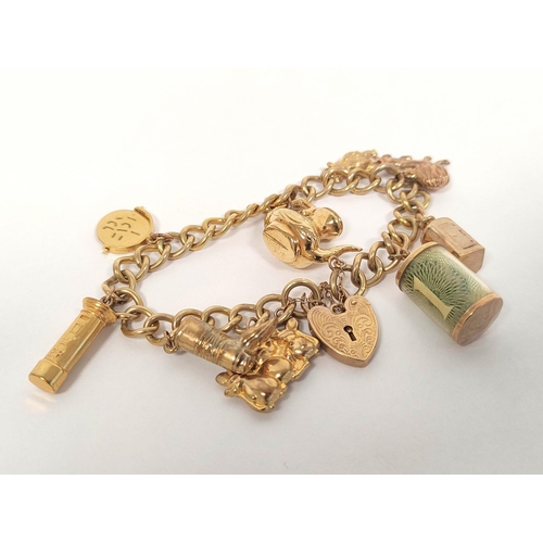 73 - 9ct gold curb bracelet with various charms. 32g gross.